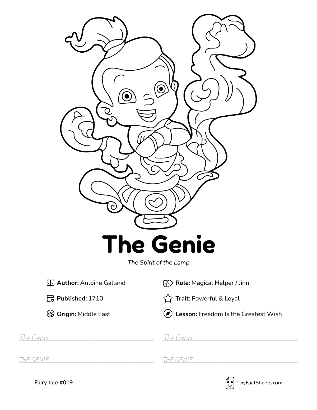 The Genie fairy tale worksheet with coloring page, facts, and handwriting practice