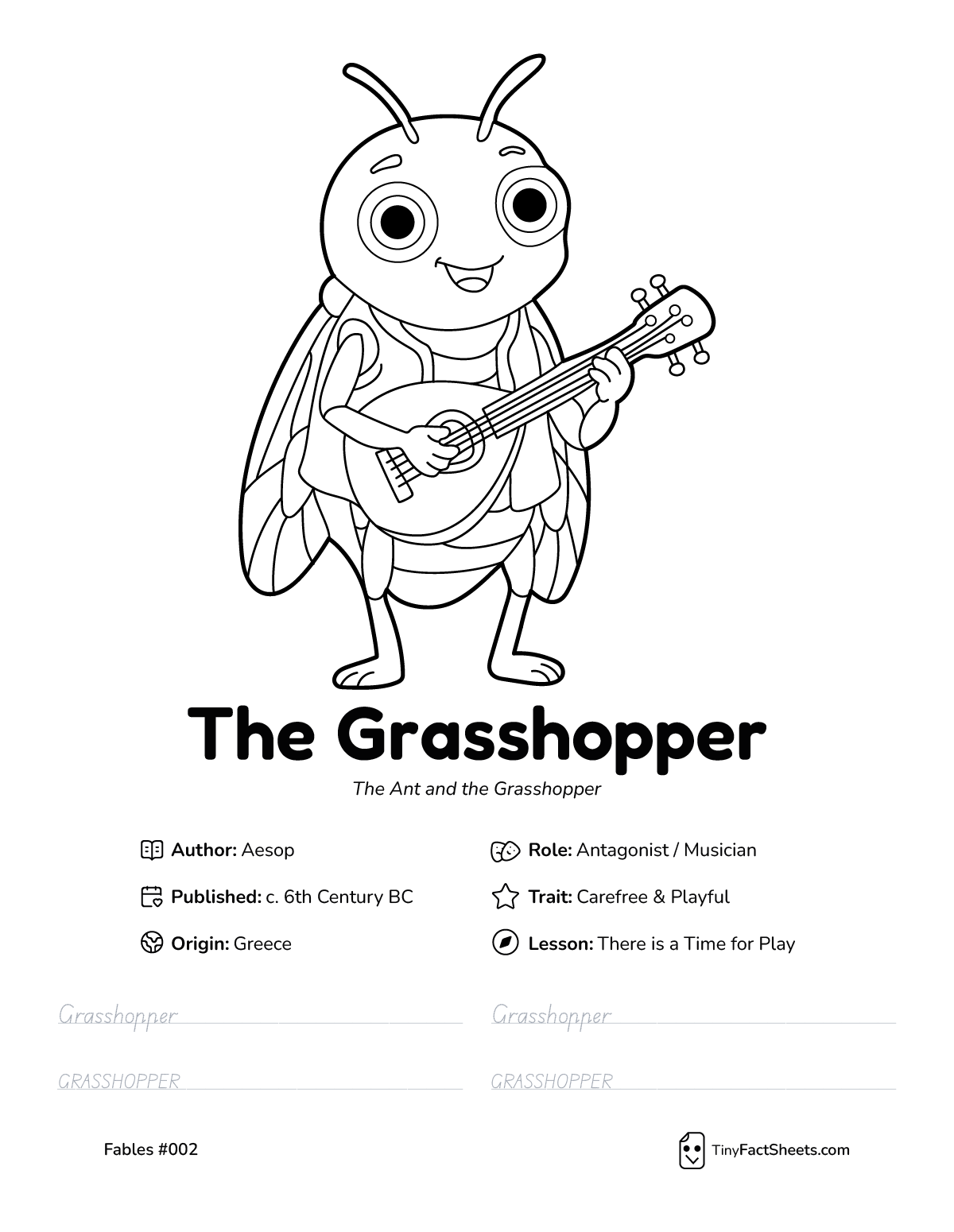 The grasshopper fable worksheet with coloring page, facts, and handwriting practice for kids