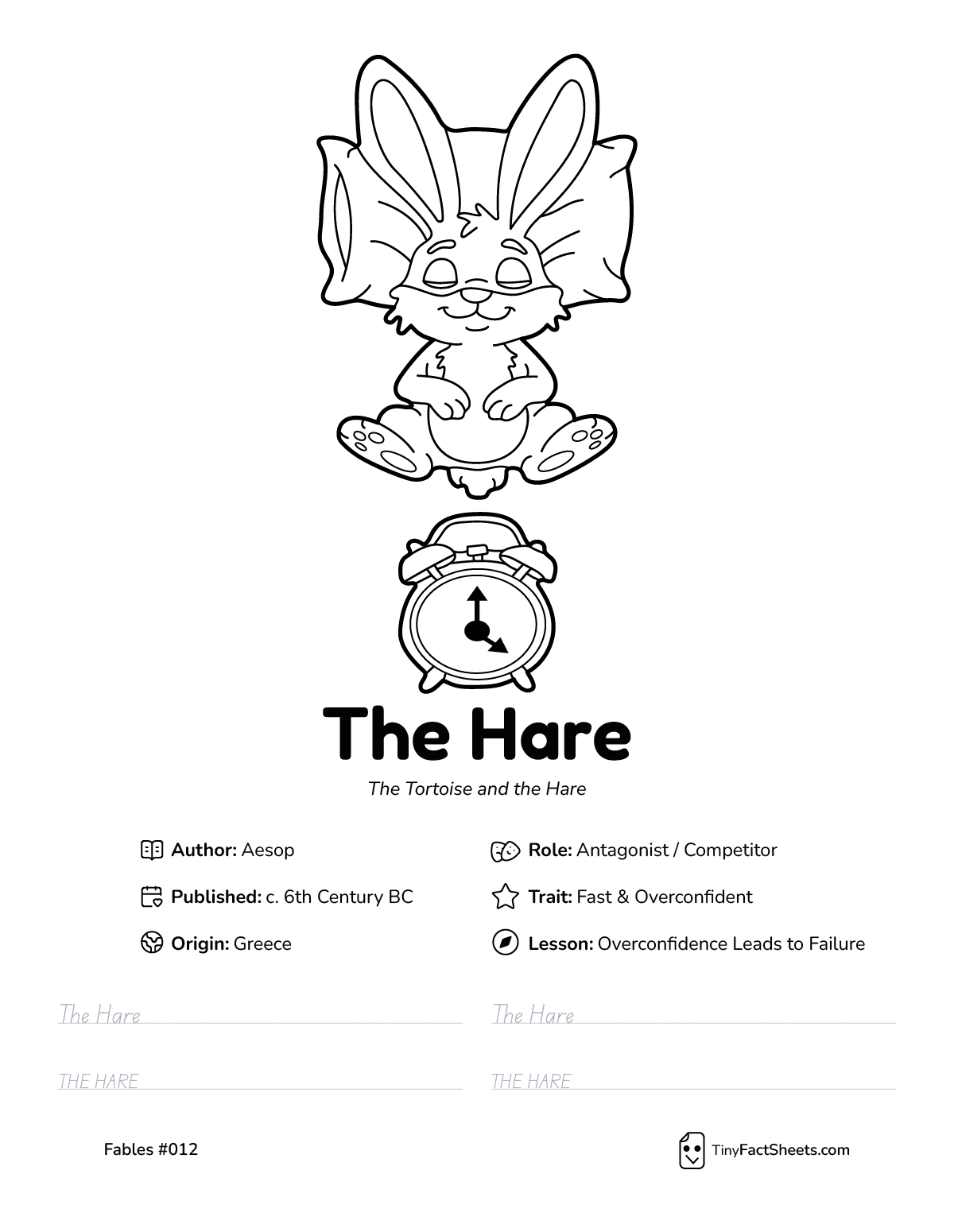 The hare fable worksheet with coloring page, facts, and handwriting practice for kids
