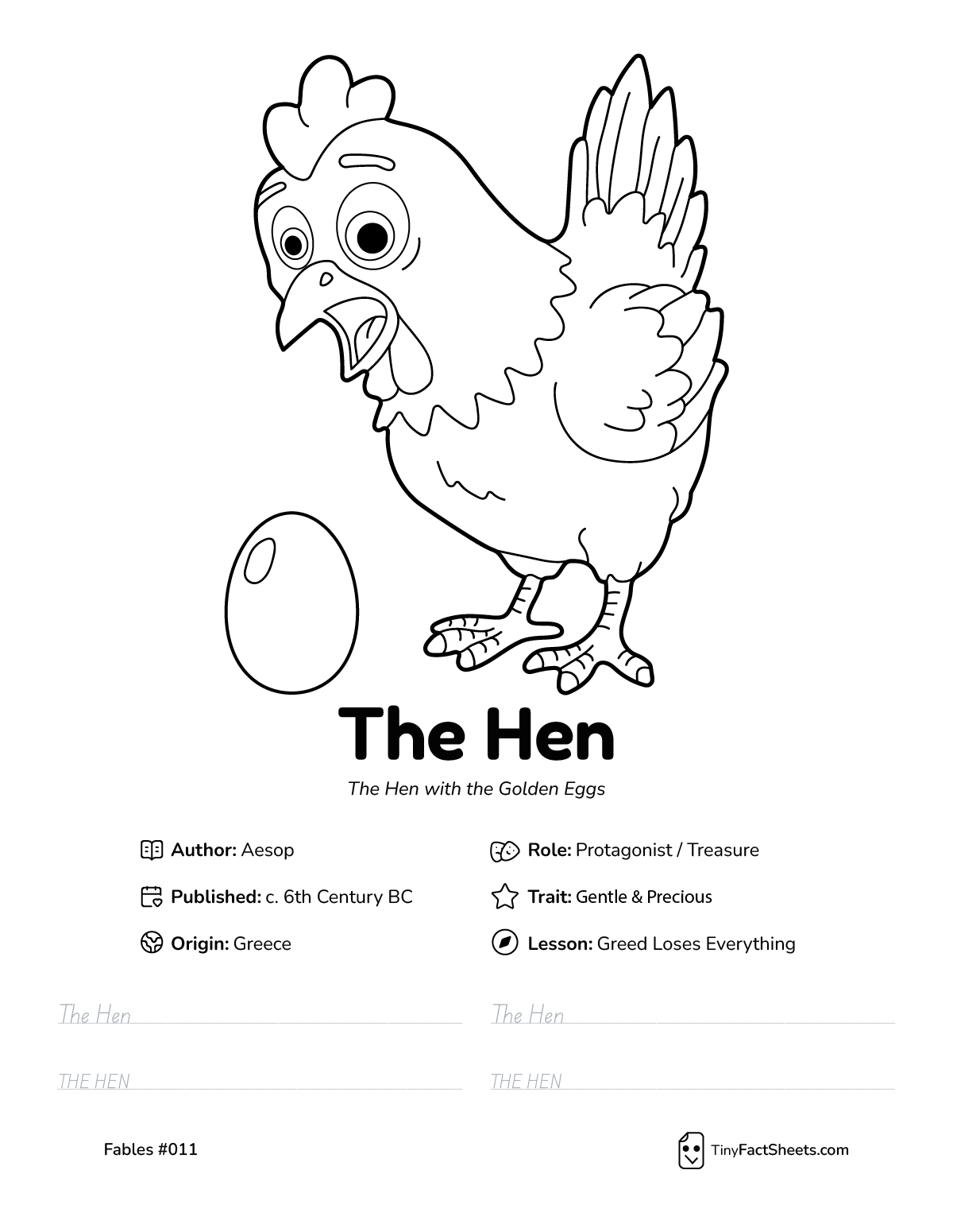 The hen fable worksheet with coloring page, facts, and handwriting practice for kids