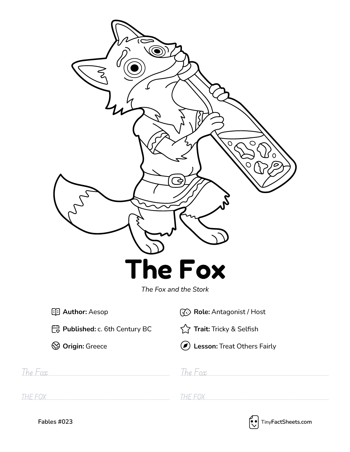 The hungry fox fable worksheet with coloring page, facts, and handwriting practice for kids