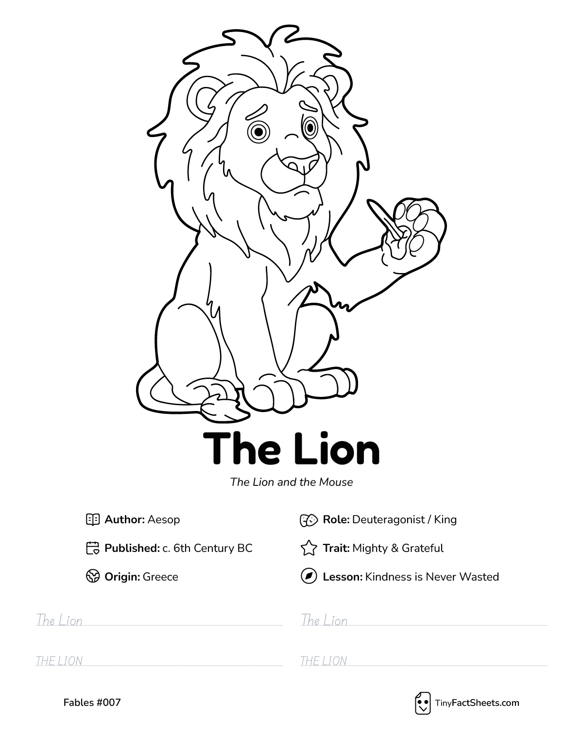 The lion fable worksheet with coloring page, facts, and handwriting practice for kids