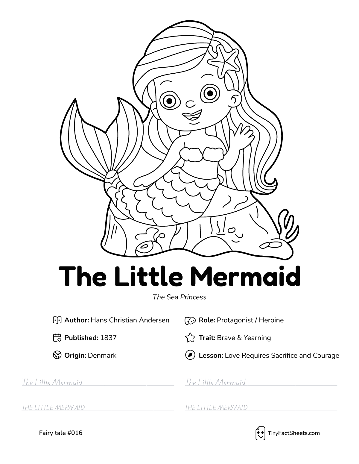 The Little Mermaid fairy tale worksheet with coloring page, facts, and handwriting practice