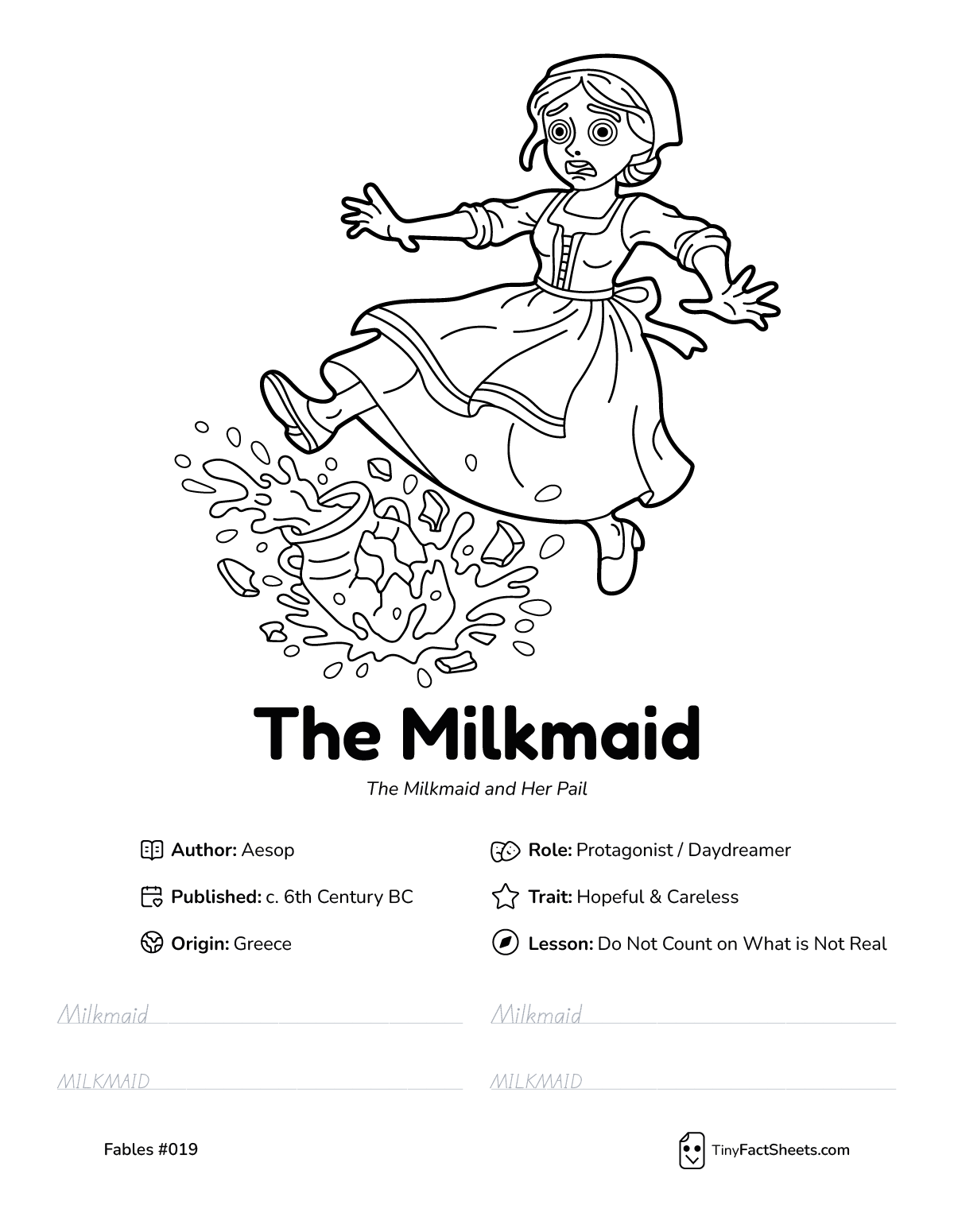 The milkmaid fable worksheet with coloring page, facts, and handwriting practice for kids