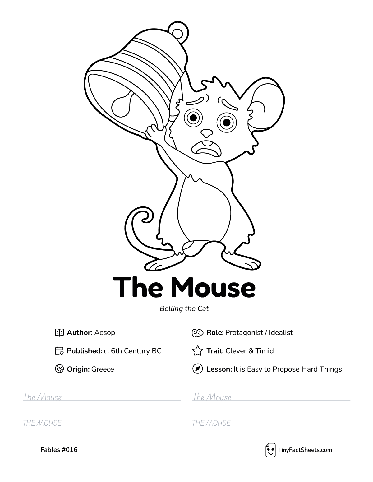 The mouse bell fable worksheet with coloring page, facts, and handwriting practice for kids