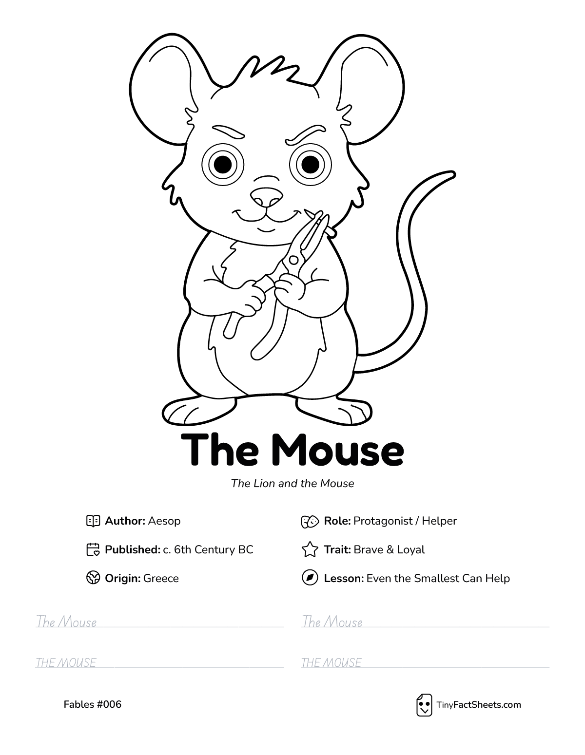 The mouse fable worksheet with coloring page, facts, and handwriting practice for kids