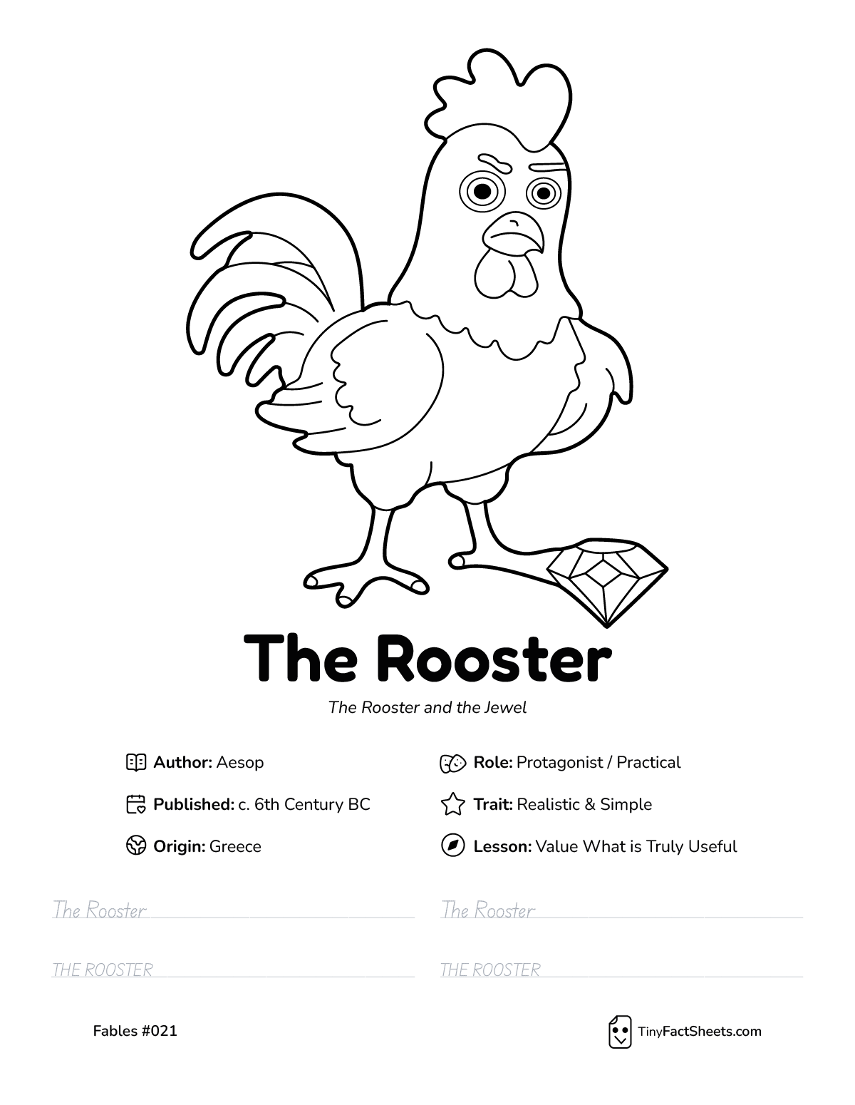 The rooster fable worksheet with coloring page, facts, and handwriting practice for kids