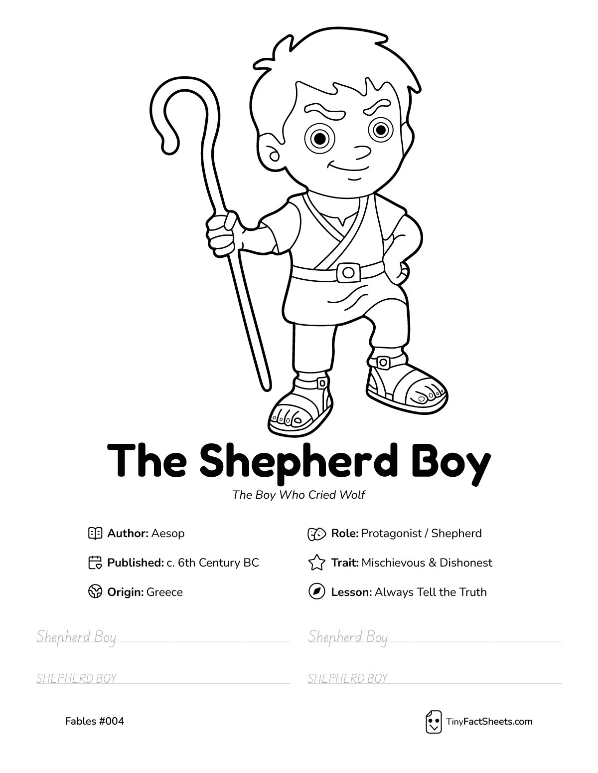 The shepherd boy fable worksheet with coloring page, facts, and handwriting practice for kids