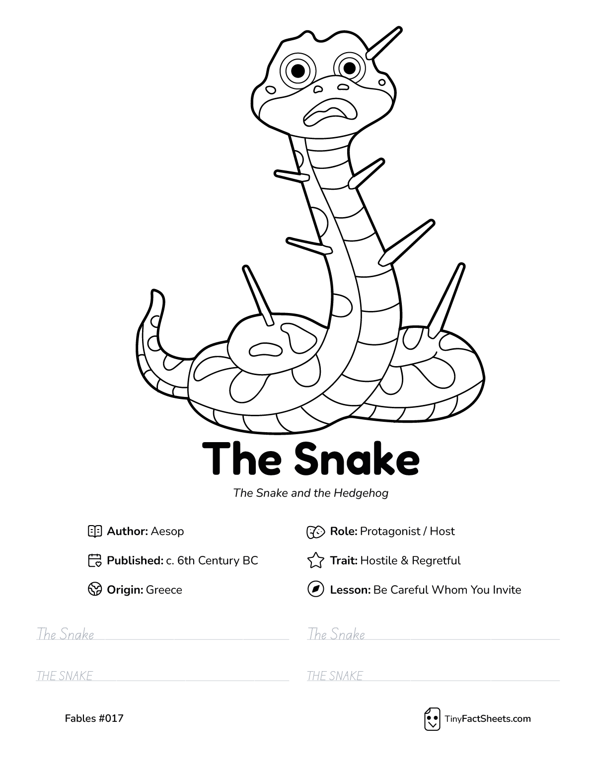 The snake fable worksheet with coloring page, facts, and handwriting practice for kids