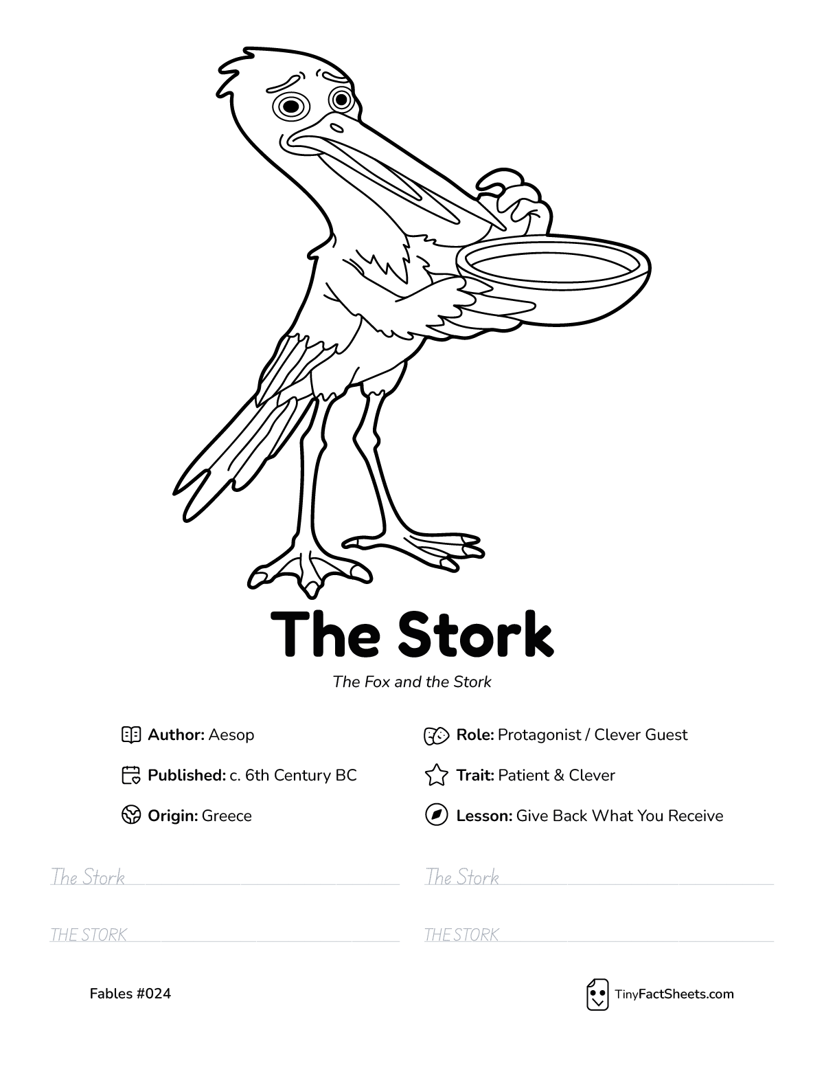 The stork fable worksheet with coloring page, facts, and handwriting practice for kids