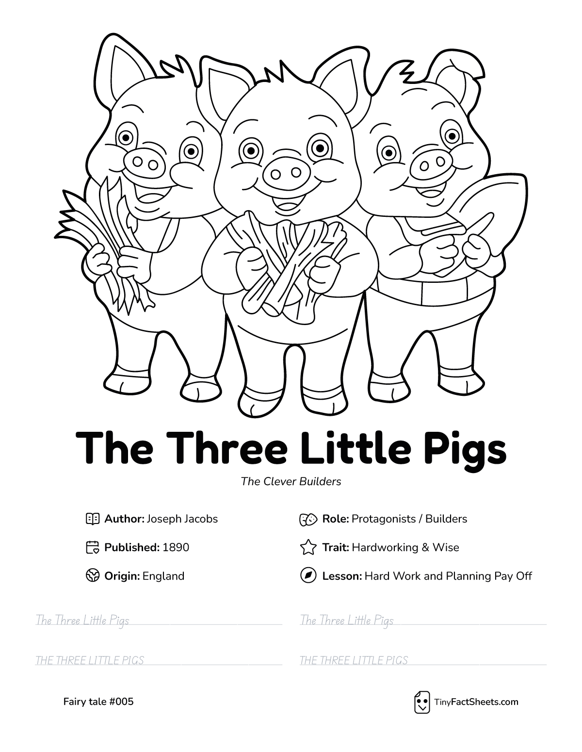 The Three Little Pigs fairy tale worksheet with coloring page, facts, and handwriting practice