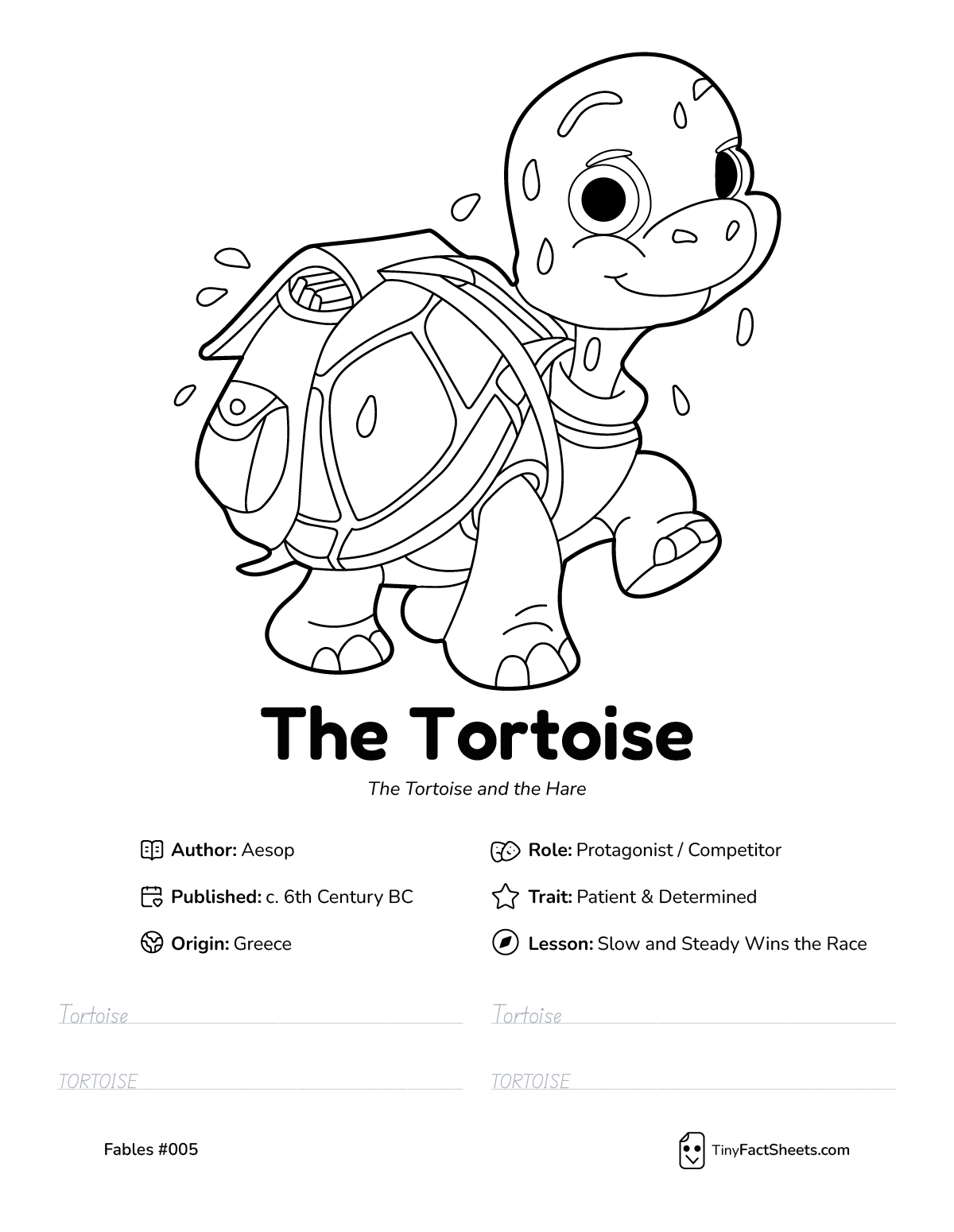 The tortoise fable worksheet with coloring page, facts, and handwriting practice for kids