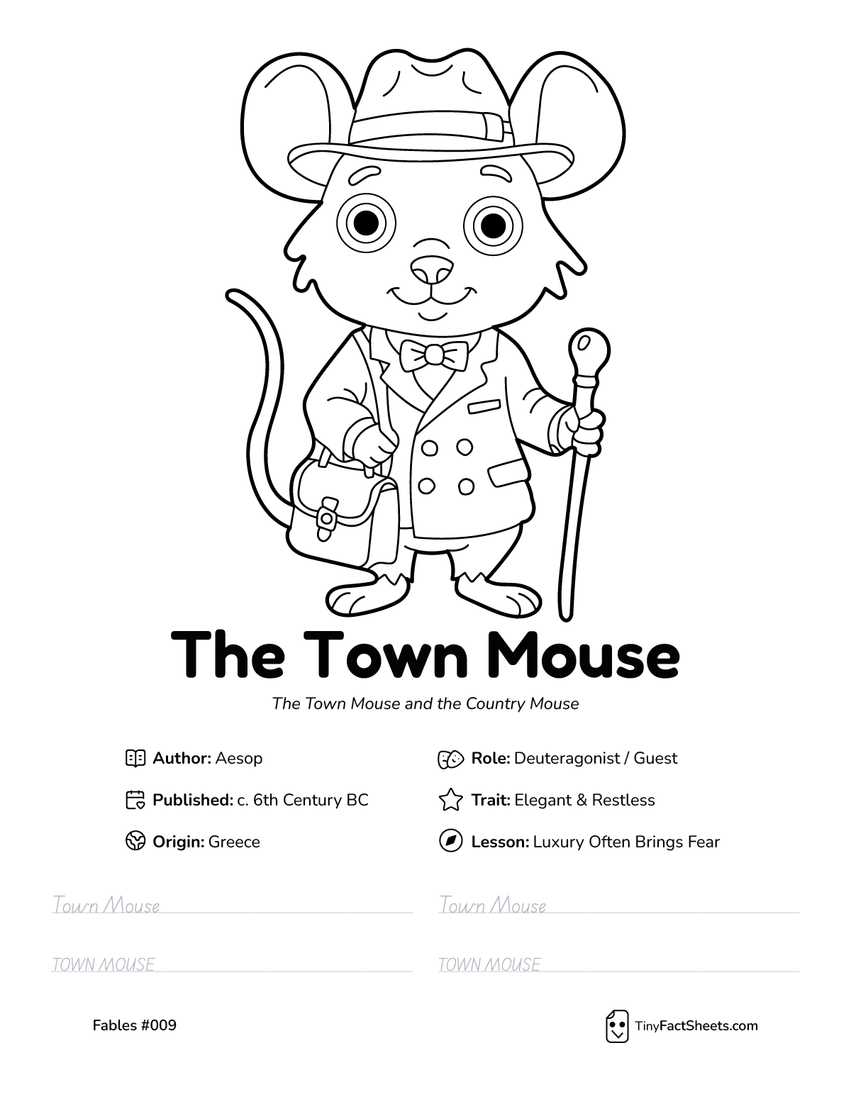 The town mouse fable worksheet with coloring page, facts, and handwriting practice for kids