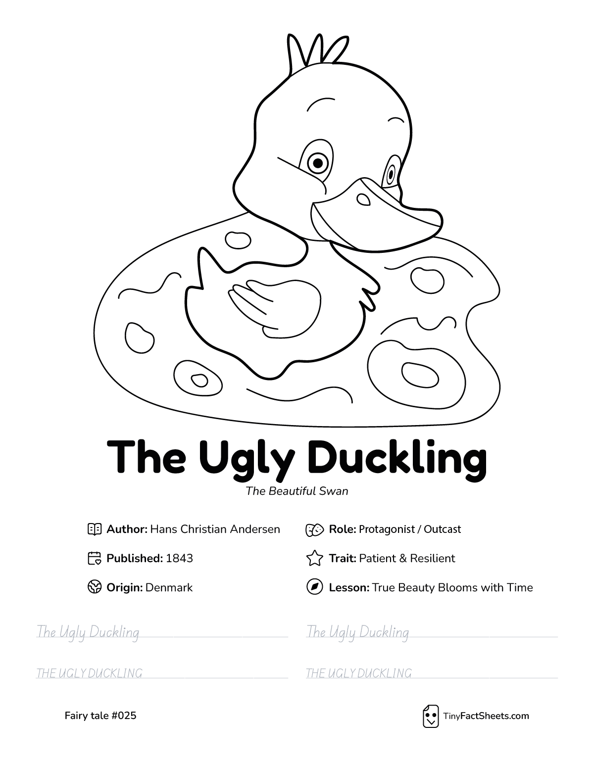 The Ugly Duckling fairy tale worksheet with coloring page, facts, and handwriting practice