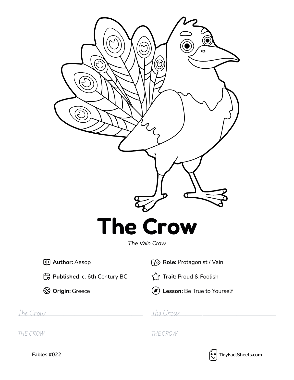 The vain crow fable worksheet with coloring page, facts, and handwriting practice for kids