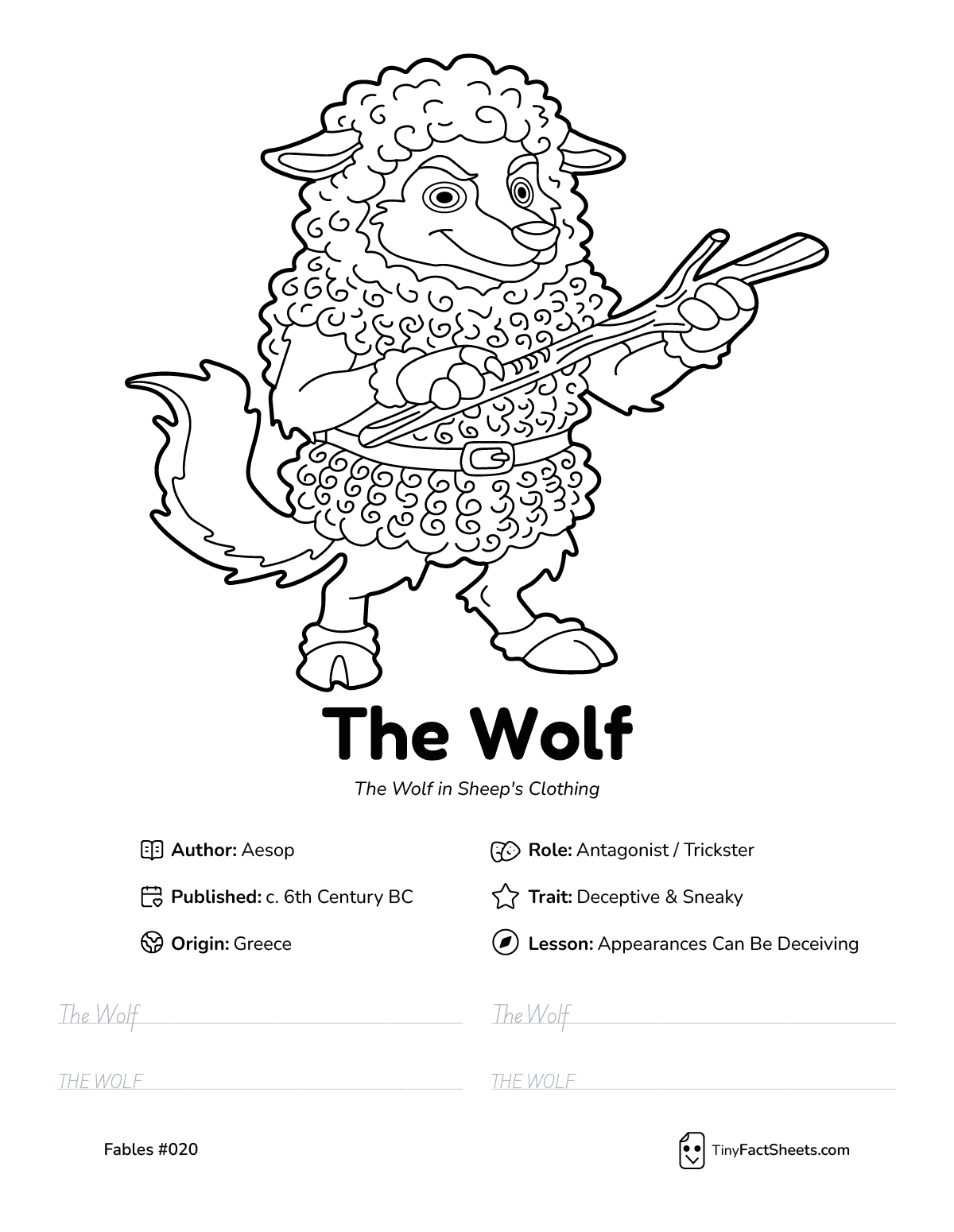 The wolf sheep fable worksheet with coloring page, facts, and handwriting practice for kids