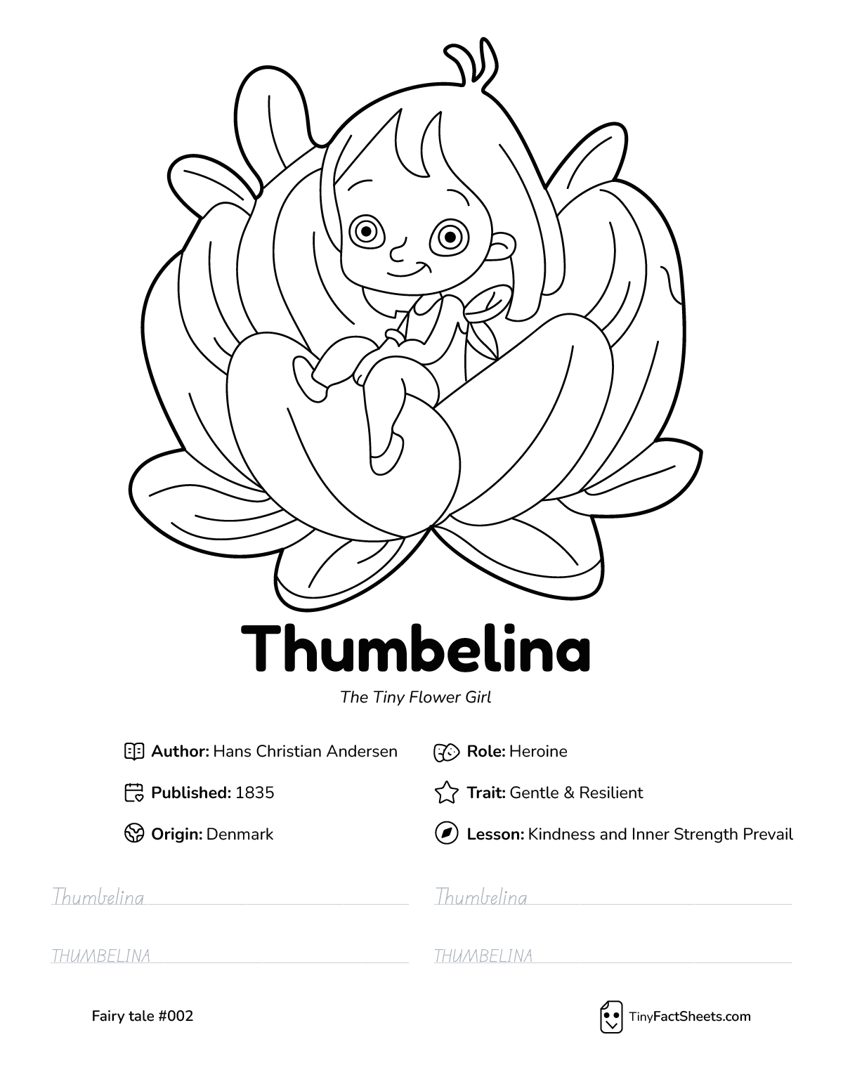 Thumbelina fairy tale worksheet with coloring page, facts, and handwriting practice