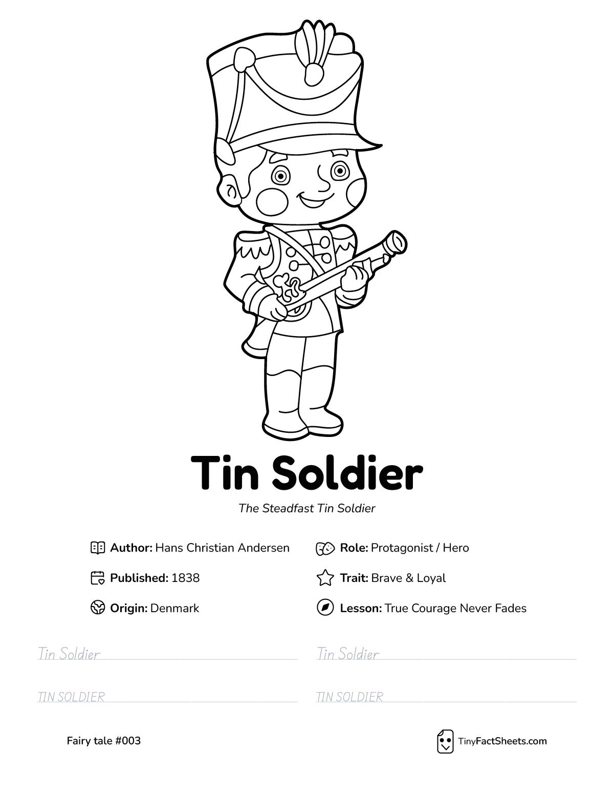 Tin Soldier fairy tale worksheet with coloring page, facts, and handwriting practice